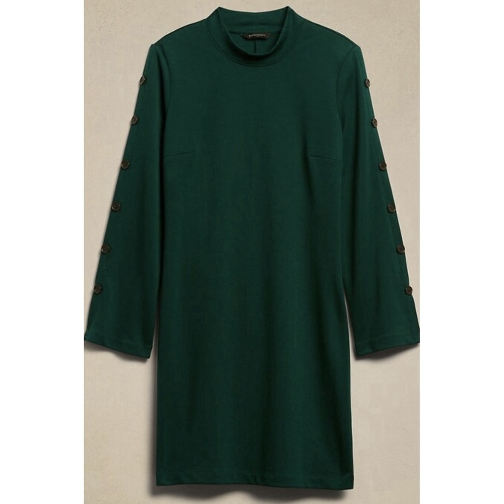 Banana Republic Women's Green Mock Neck Button Sleeve Shift Dress Sz Small Tall - Picture 2 of 7
